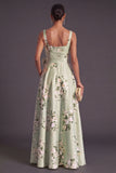 Thick Straps Sage Green Satin Floral Long Wedding Guest Dress