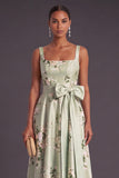 Thick Straps Sage Green Satin Floral Long Wedding Guest Dress