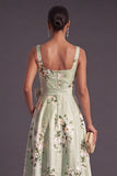 Thick Straps Sage Green Satin Floral Long Wedding Guest Dress
