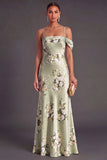 Mermaid Sage Green Floral Spaghetti Straps Long Wedding Guest Dress