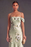 Mermaid Sage Green Floral Spaghetti Straps Long Wedding Guest Dress