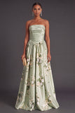 A Line Strapless Sage Green Floral Long Wedding Guest Dress