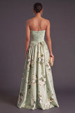 A Line Strapless Sage Green Floral Long Wedding Guest Dress