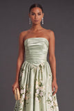 A Line Strapless Sage Green Floral Long Wedding Guest Dress