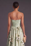 A Line Strapless Sage Green Floral Long Wedding Guest Dress