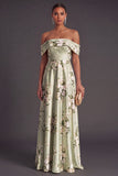 Floral Off the Shoulder Sage Green Satin Long Wedding Guest Dress