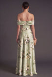 Floral Off the Shoulder Sage Green Satin Long Wedding Guest Dress