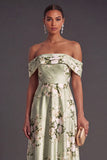 Floral Off the Shoulder Sage Green Satin Long Wedding Guest Dress