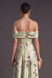 Floral Off the Shoulder Sage Green Satin Long Wedding Guest Dress