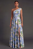 Blue Satin A Line Floral One Shoulder Long Bridesmaid Dress with Slit