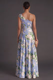 Blue Satin A Line Floral One Shoulder Long Bridesmaid Dress with Slit