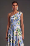 Blue Satin A Line Floral One Shoulder Long Bridesmaid Dress with Slit