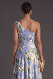 Blue Satin A Line Floral One Shoulder Long Bridesmaid Dress with Slit