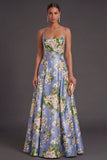 Blue Satin A Line Floral Spaghetti Straps Long Bridesmaid Dress