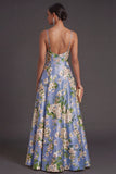 Blue Satin A Line Floral Spaghetti Straps Long Bridesmaid Dress