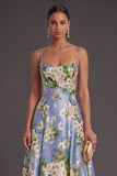 Blue Satin A Line Floral Spaghetti Straps Long Bridesmaid Dress
