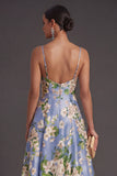 Blue Satin A Line Floral Spaghetti Straps Long Bridesmaid Dress