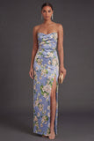 Sheath Blue Flora High Waist Long Bridesmaid Dress with Slit