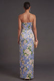 Sheath Blue Flora High Waist Long Bridesmaid Dress with Slit