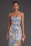 Sheath Blue Flora High Waist Long Bridesmaid Dress with Slit