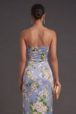 Sheath Blue Flora High Waist Long Bridesmaid Dress with Slit