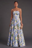 A Line Satin Floral Blue Strapless Long Bridesmaid Dress