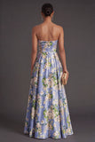 A Line Satin Floral Blue Strapless Long Bridesmaid Dress
