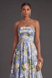 A Line Satin Floral Blue Strapless Long Bridesmaid Dress