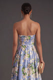 A Line Satin Floral Blue Strapless Long Bridesmaid Dress