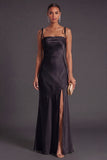 Black Mermaid Thick Straps Long Bridesmaid Dress with Slit