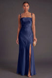 Black Mermaid Thick Straps Long Bridesmaid Dress with Slit