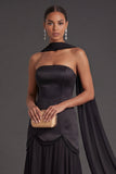 Black A Line Neck Scarf Strapless Long Bridesmaid Dress