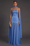 Black A Line Neck Scarf Strapless Long Bridesmaid Dress