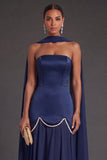Black A Line Neck Scarf Strapless Long Bridesmaid Dress