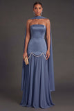 Black A Line Neck Scarf Strapless Long Bridesmaid Dress