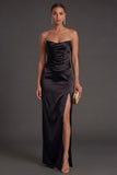 Sheath Black Strapless Long Bridesmaid Dress with Slit
