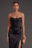 Sheath Black Strapless Long Bridesmaid Dress with Slit