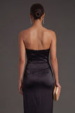 Sheath Black Strapless Long Bridesmaid Dress with Slit
