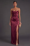 Sheath Black Strapless Long Bridesmaid Dress with Slit