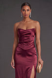 Sheath Black Strapless Long Bridesmaid Dress with Slit
