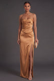 Sheath Black Strapless Long Bridesmaid Dress with Slit