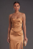 Sheath Black Strapless Long Bridesmaid Dress with Slit