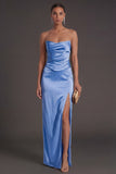 Sheath Black Strapless Long Bridesmaid Dress with Slit