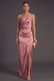 Sheath Black Strapless Long Bridesmaid Dress with Slit