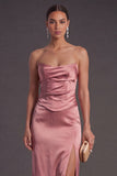 Sheath Black Strapless Long Bridesmaid Dress with Slit