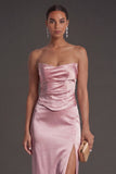 Sheath Black Strapless Long Bridesmaid Dress with Slit
