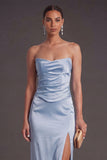 Sheath Black Strapless Long Bridesmaid Dress with Slit