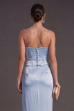 Sheath Black Strapless Long Bridesmaid Dress with Slit
