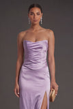 Sheath Black Strapless Long Bridesmaid Dress with Slit
