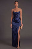 Sheath Black Strapless Long Bridesmaid Dress with Slit